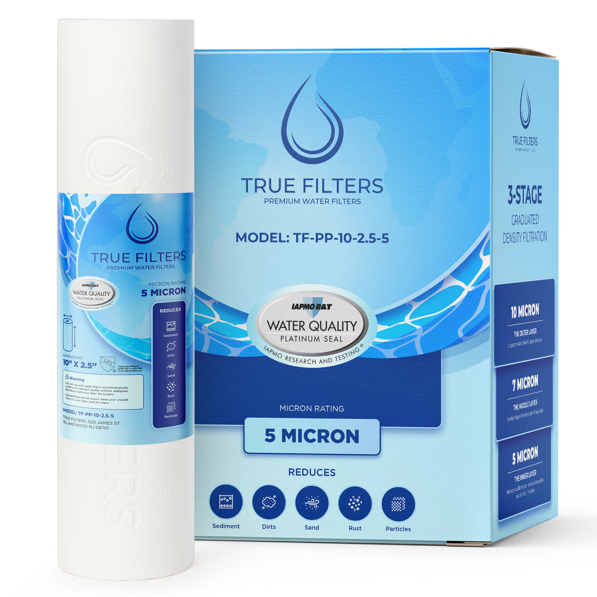 Whole House Water Filter Replacement 6-Pack | 5 Micron Sediment Filter for Dirt, Rust, Sand, Silt & Scale | Well Water Filters Cartridges | WQA Certified for Safety | 10 x 2.5 inch | True Filters